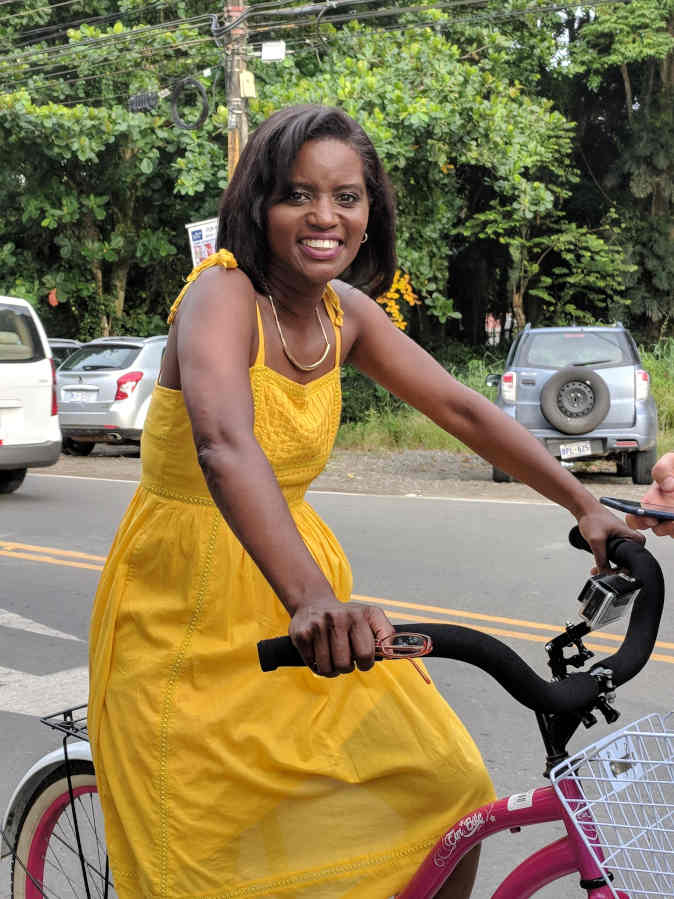 Kim Haas on a bike in Costa Rica.